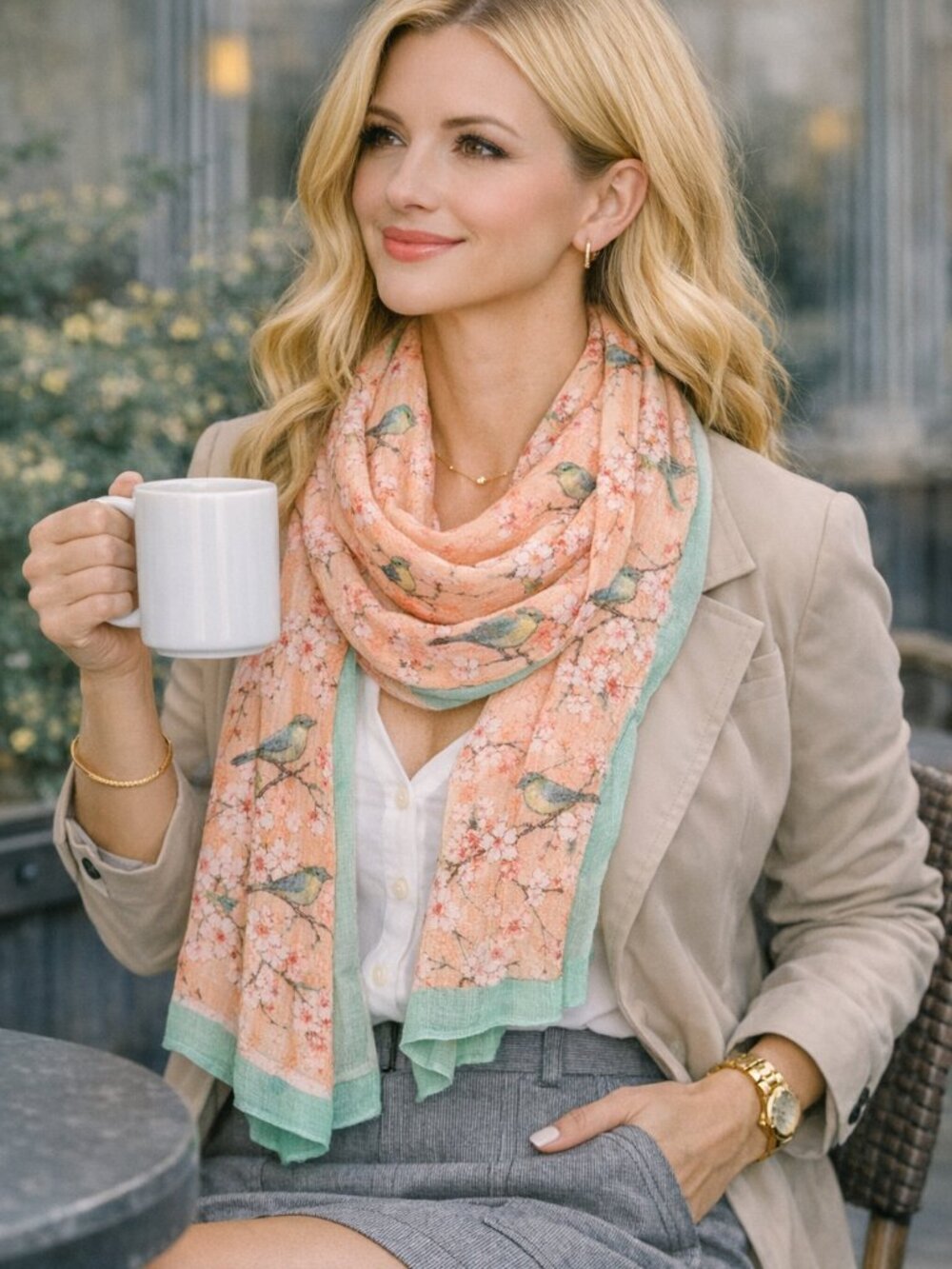 425 - Bird Print Lightweight Scarf Pastel peachy Green | Cottagecore Spring
